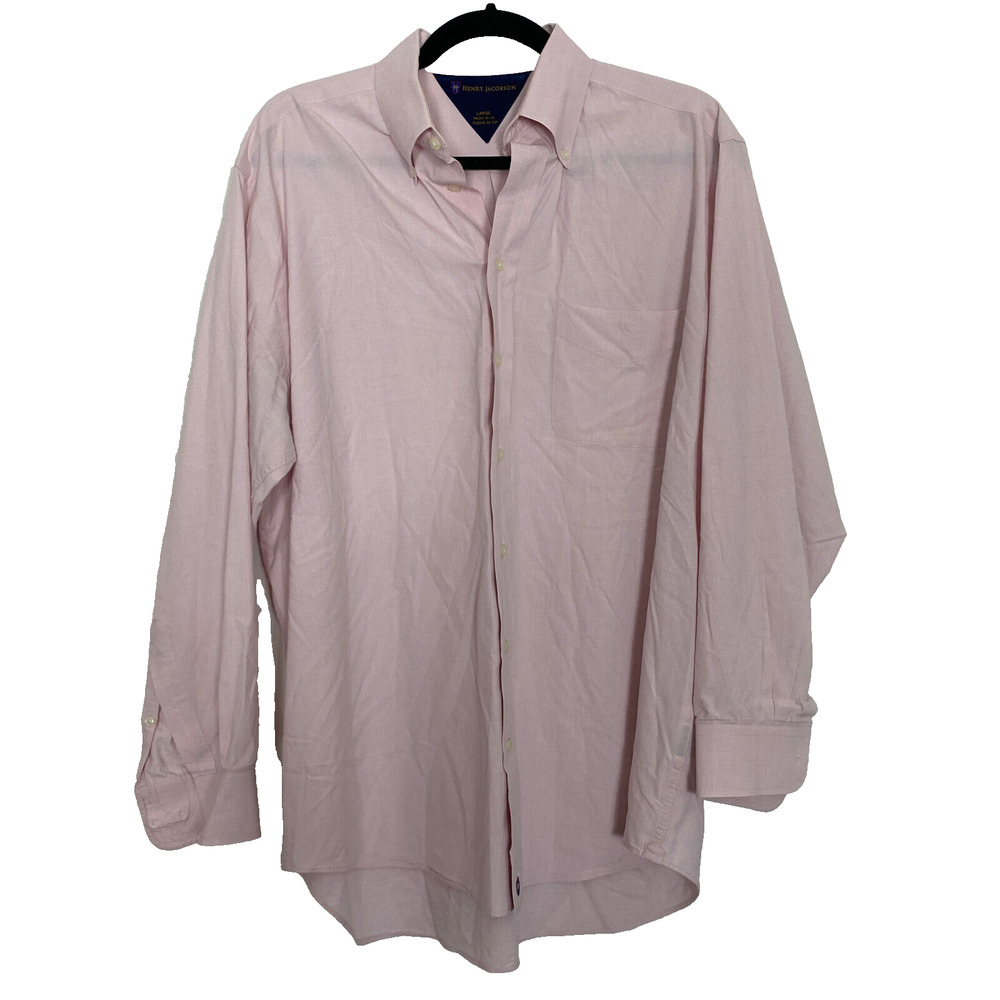 Henry Jacobson Shirt Mens Large Pink Plaid Cotton Button Up Dress